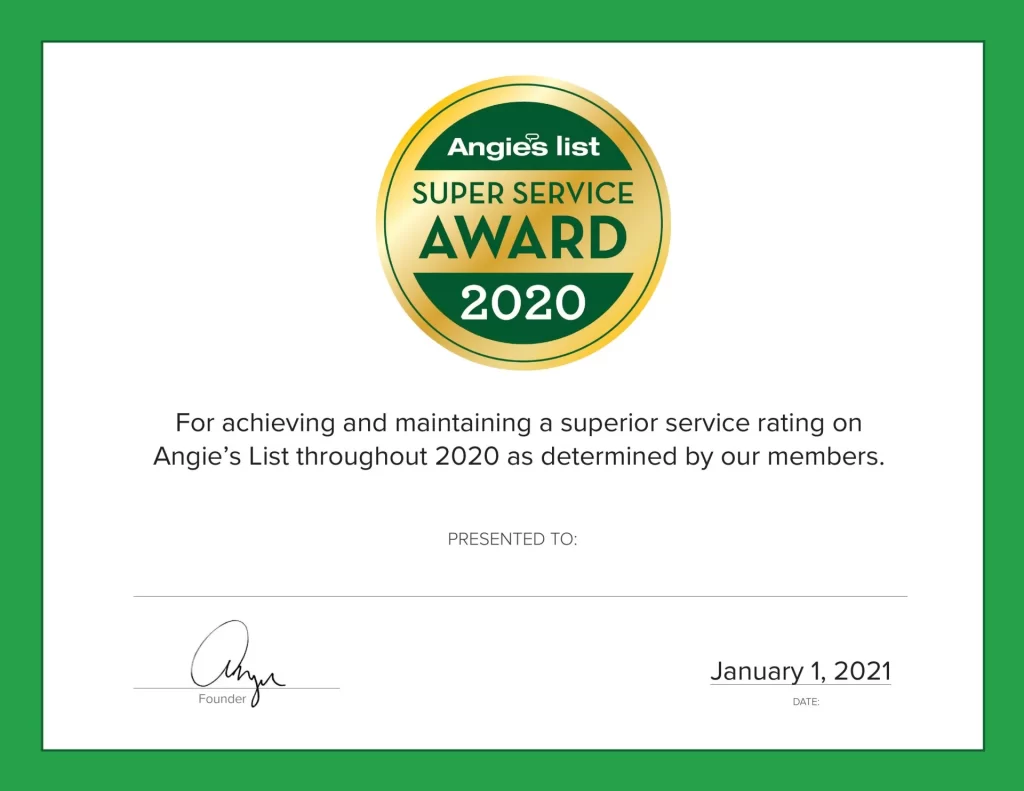 Certificate with green border, displaying Angie's List Super Service Award 2020 badge. Text notes superior service rating on Angie’s List in 2020. Includes a signature and date: January 1, 2021.