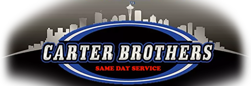 Logo for Carter Brothers featuring a city skyline in gray shades with a blue and white oval border. The text "CARTER BROTHERS" is in bold, with "SAME DAY SERVICE" in red below it.