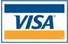 The image shows the VISA logo with "VISA" in blue letters, a blue stripe above, and an orange stripe below on a white background, surrounded by a blue border.