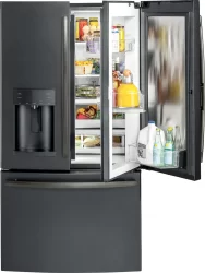 A modern black French-door refrigerator with the right door and inner door compartment open, showing organized shelves stocked with food, drinks, and condiments. The bottom freezer drawer is closed.