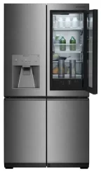 A stainless steel, four-door refrigerator with a glass door-in-door compartment open, revealing drinks and food items inside. The left door has a built-in water and ice dispenser.
